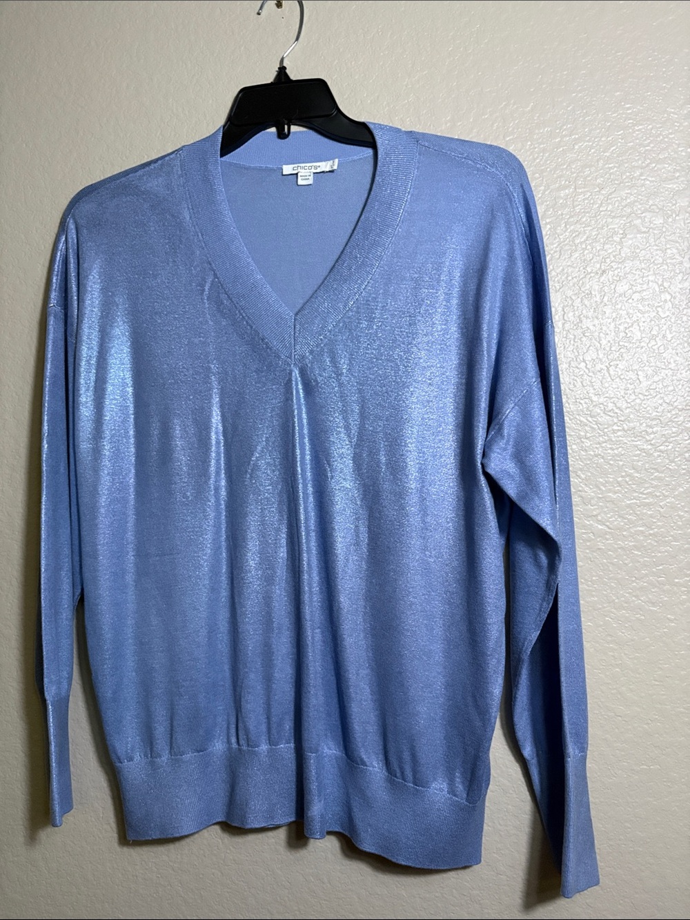 Chico's Shimmery Powder Blue V-Neck Sweater